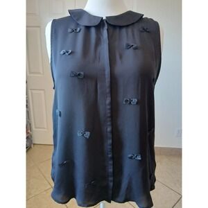 LAUREN CONRAD Blouse Top Black XL Decorative Bows Hidden Buttons Curved Hem